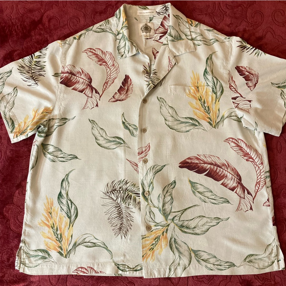 Silk Tropical Leaf Print Men's Button Down Hawaiian Short Sleeve Sz XL